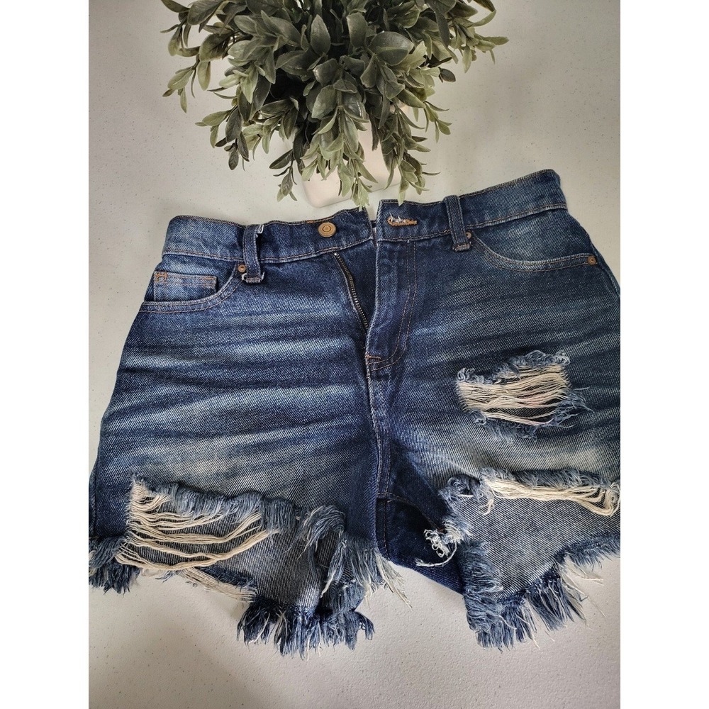 No Boundaries High Rise Distressed Denim Shorts Dark Wash Frayed Hem Size 0 - Picture 5 of 6